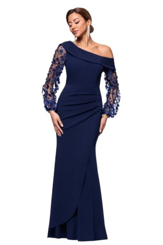 Image of Xscape Women's Long Flower Ilusion Sleeve Off-the-Shoulder Scuba Crepe Gown, Navy, 16