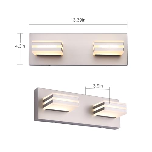 Image of 2-Light, 12.6-Inch Wall Lights Brushed Nickel Vanity Lights for Bathroom Light Fixtures Adjust 3 Colors Modern Bath Lighing Fixture Over Mirror