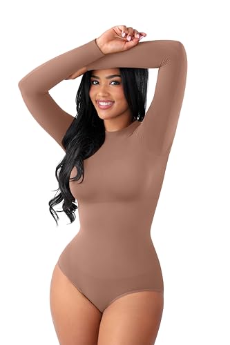 FeelinGirl Shapewear Bodysuit Long Sleeve Tummy Control Bodysuits Compression T Shirts Basic Body Suit Mocha Brown Medium-Large
