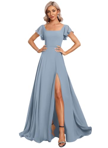 Women's Chiffon Fall Bridesmaid Dresses with Silt Ruffle Sleeve A Line Long Formal Party Dress 2025