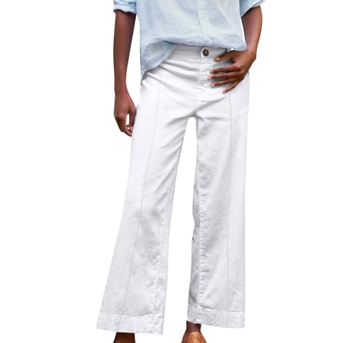 Wide Leg Linen Pants for Women Elastic High Waisted Pant Business Casual Work Pants Flowy Beach Trousers with Pockets