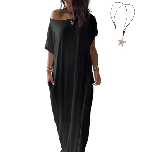 Women’s Off-Shoulder Short Batwing Sleeve Oversized Maxi Dress with Side Slits and Pockets, Cotton Beach Lounge Dress (Black,X-Large)