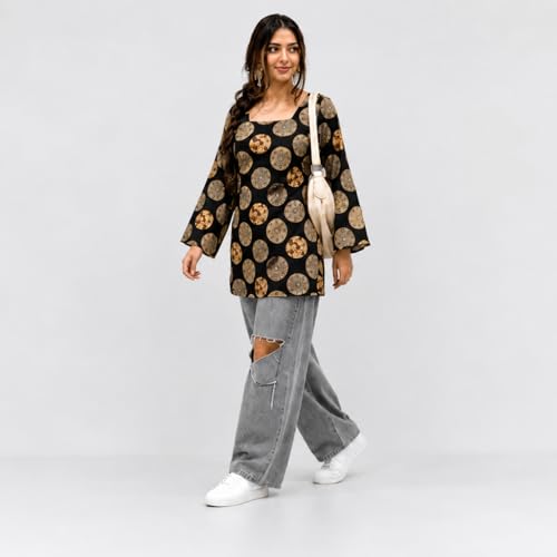 Image of SONISHA Women's Rayon Floral Print Short Kurti for Women Elegance Square Neck, Long Sleeves with Style Criss Cross Back Kurti, Top for Office Wear, Casual, Outdoor