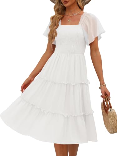 LILLUSORY Women Dresses Spring Summer 2026 Midi Graduation Bridal Baby Shower Casual Flowy Boho Sun Sundress Bridesmaid Brunch Cute Ladies Vacation Beach Smocked Teacher Clothes Outfits White XL