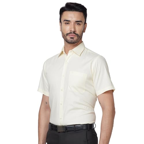 Image of Raymond Men Contemporary Fit Solid Pattern Pure Cotton Semi Cutaway Collar Half Sleeve Formal Shirt