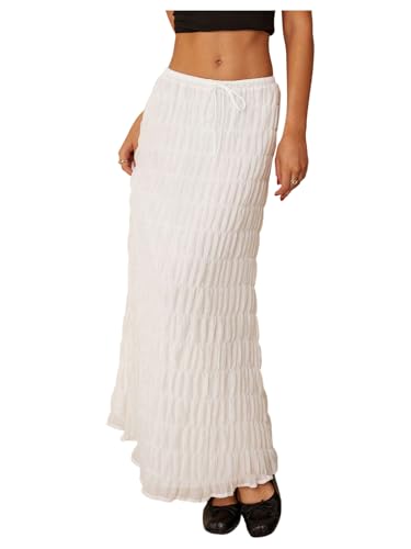 Milumia Women's Textured Drawstring Low Waist Skirt Lettuce Trim Ruffle Flowy Maxi Skirts