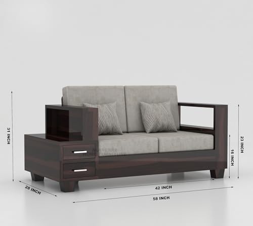 Image of Sheesham Wooden 2 Seater Sofa for Living Room | Solid Wood Sofa with Side Box Storage & Cushion | Rosewood Sofa Set for Home & Office | Lounge (Walnut, 2 Seater)