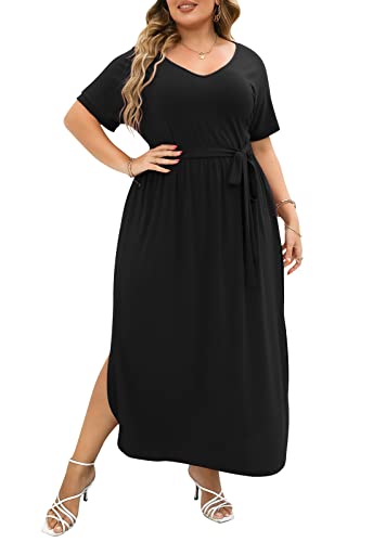 Nemidor Womens Casual Plus Size Tie Waist Slit Long Maxi Dress with Pockets NEM313(18,Black)
