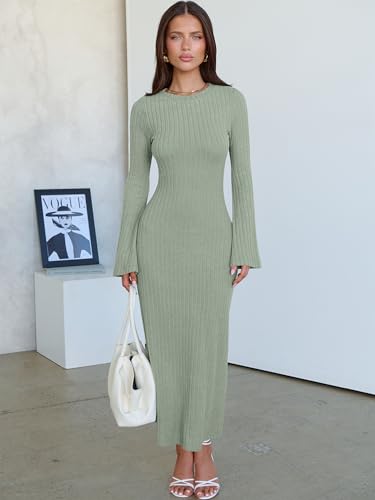 ANRABESS Womens Bodycon Maxi Dresses 2025 Fall Casual Flare Sleeve Crewneck Lounge Comfy Sexy Ribbed Knit Long Sweater Dress2
