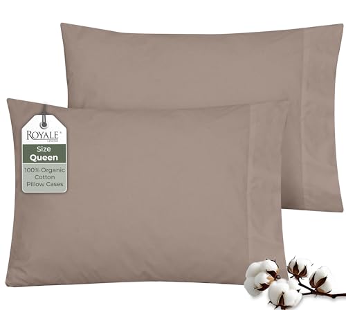 Image of ROYALE LINENS 100% Organic Cotton Percale Pillowcases Set of 2 - Queen Size Percale Pillowcase - Queen Set of 2 Pillow Cover - Breathable, Cool & Crisp Mocha Pillow Cases (20 inchx30 inch, Mocha)