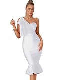 Picture of Mesh One Shoulder Bow Midi Dress Fishtail Bandage Cocktail Party Wedding Bridesmaid Evening Gown（White,M