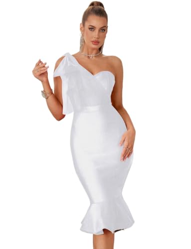 Image of Mesh One Shoulder Bow Midi Dress Fishtail Bandage Cocktail Party Wedding Bridesmaid Evening Gown