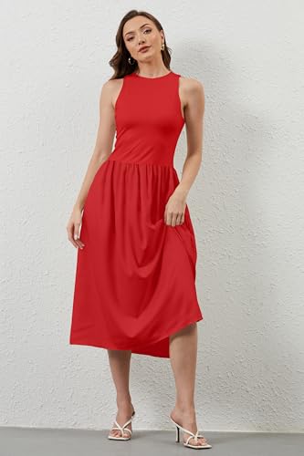 Image of TERIVEEK Women Summer Sleeveless Midi Dress Casual High Neck Patchwork Tank Sundress Flowy Boho A Line Dress with Pockets Red