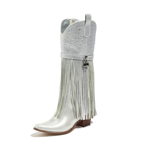 Tasteall Fringe Cowboy Boots for Women, Sparkly Rhinestone Upper Side Zipper cowgirl boots Chunky Heels Pointed Toe knee High Western Boots Silver 8