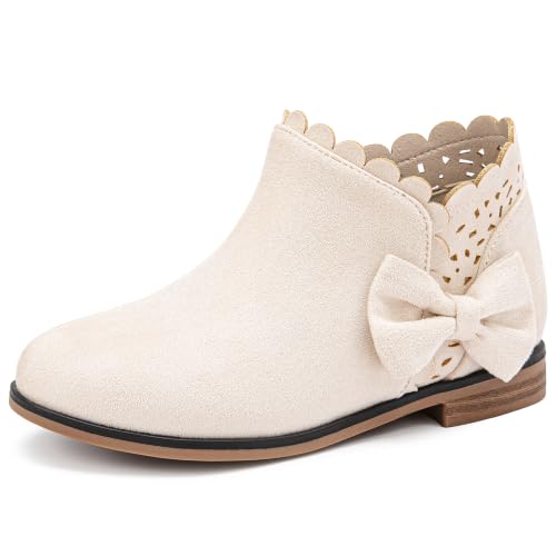 Image of Dufannie Girls Ankle Boots Girls Booties Toddler Little Big Kids Fall Boot | Side Zipper, Slip on, Low Heel, Girls Dress Boots with Bow, Ruffled, Fashion, Warm Shoes, Fall, Winter, Multiple Colors