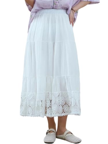 Women Lace Patchwork Midi Skirt Loose Daily Beach High Waist Slimming Cake A-Line Skirt4
