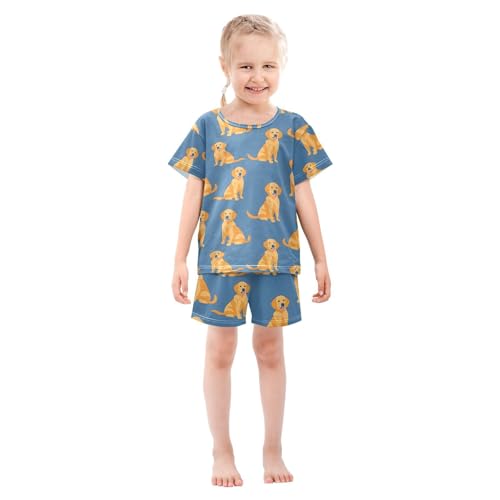 ALAZA Yellow Dog Puppy Blue Pajamas Set Short Sleeve Cotton Sleepwear Summer Pjs 2 Piece 5-14Y3