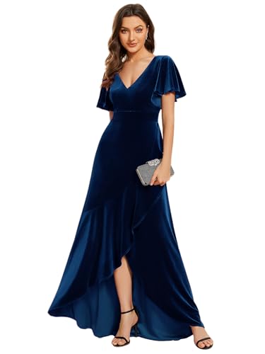 Ever-Pretty Women's Velvet Ruffle Sleeve V-Neck Wrap Waist Maxi Dress High Low Wedding Guest Dresses 02041