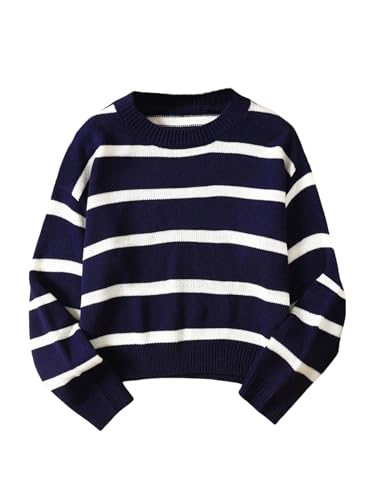 MakeMeChic Girl's Striped Sweater Long Sleeve Colorblock Roundneck Drop Shoulder Knit Loose Pullovers Blue and White 14 Years