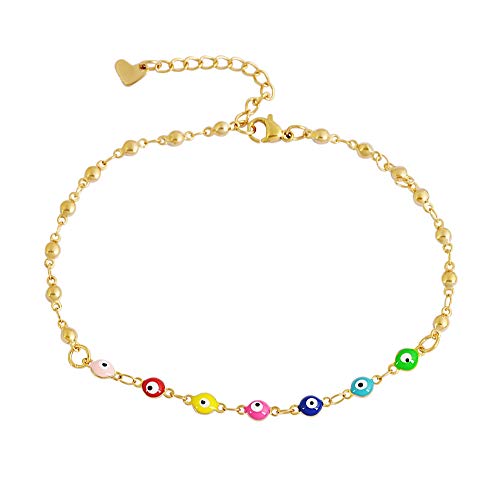 Edforce Stainless Steel 7 Mutli-Colored Evil Eye Pendant 1 Dangle Heart Anklet, 9