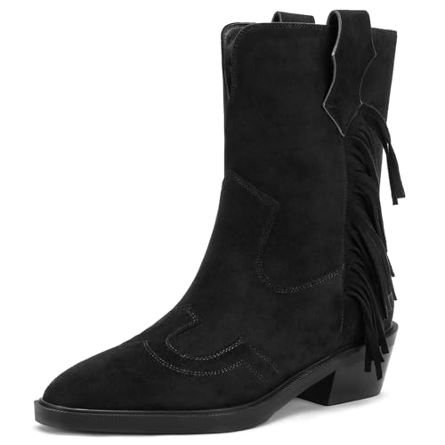 Cowboy Women's Fringe Western Boots Pointed Toe Mid Calf Boots Block Heel 1.5 IN Low Chunky Heels Boots Fashion Dressy Shoes