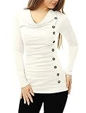 Allegra K Women Cowl Neck Long Sleeves Buttons Decor Ruched Top White M