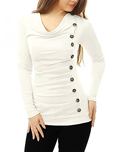 Allegra K Women's Cowl Neck Tops Long Sleeve Buttons Decor Tuinc Shirts Ruched Top Medium White