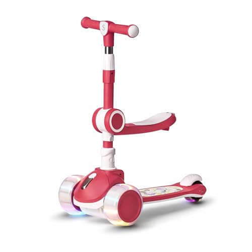 Image of Kids Scooter with Seat | 3 Wheel Foldable Toddler Scooter |4-Level Adjustable Handlebar Height | Lean-to-Steer, LED Wheels | Portable Kick Scooter for Boys & Girls Ages 3-12 (KS-267 Red)