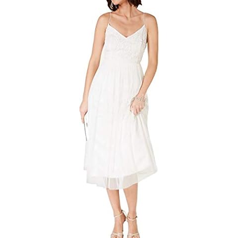 Adrianna Papell Womens White Beaded Spaghetti Strap V Neck Below The Knee Sheath Formal Dress UK Size: 14 Cover