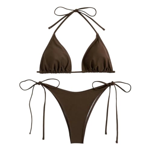 Fryloo bañador Mujeres Traje De Baño Triángulo Marrón Bikini, Halter Tie Top con La Parte Inferior Tanga Corbata Lateral, Minimalista 2 Piezas-Brown-s