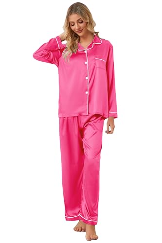 Image of Schbbbta Girls & Women Satin Pajamas Set, 2Piece Silk Nightwear Button-Down Sleepwear for Teen Kids, 3 Years - Women XXL