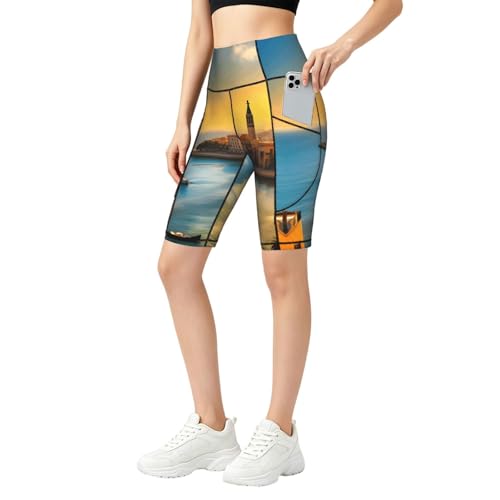 Sunset Barcelona Women's Yoga Shorts with Pockets, Black
