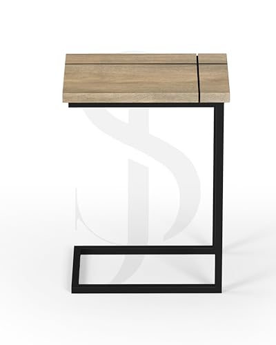 Image of Modern C-Side End Table for Living Room - Mango Wood with Black Metal Frame, Contemporary Sofa Side Table for Bedroom & Office (18L x 11D x 24H Inches) (Smoky)