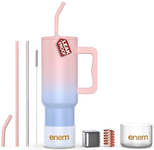 Image of enem Tumbler, Tumbler with Metal Straw, Sipper, with Lid Leak Proof, 1 Metal Ice Cube, 1 Copper Spring (Tamba), Base Protector, Mug Travel, 1.2L, Cotton Candy Cloud