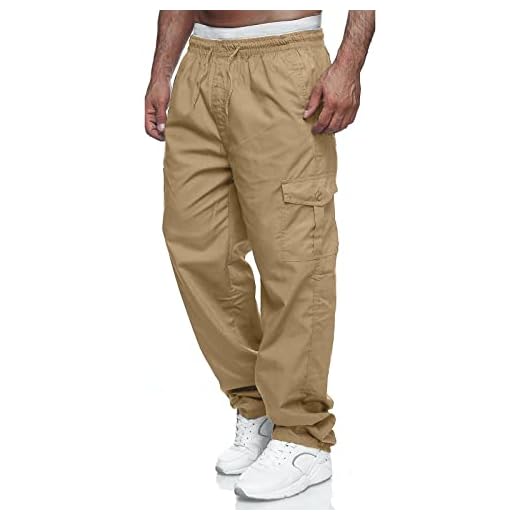 THWEI Mens Cargo Pants Casual Drawstring Athletic Jogger Sports Outdoor Trousers Khaki S