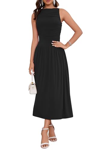 Image of Womens Summer Casual Midi Maxi Dress 2026 Sleeveless Ruched A Line Flowy Cocktail Wedding Guest Beach Long Sundress