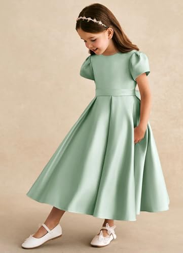MCieloLuna Cute Toddler Flower Girl Dress Glossy Satin First Communion Dresses O Neck Short Sleeve Princess Long Gown3