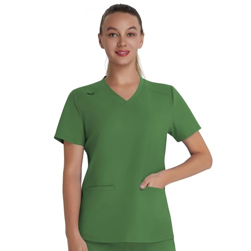 QBK Scrub Top for Women – Soft Stretch V-Neck Scrubs with 2 Inset Slip Pockets and a Curved Hemline, Easy Care Olive Green