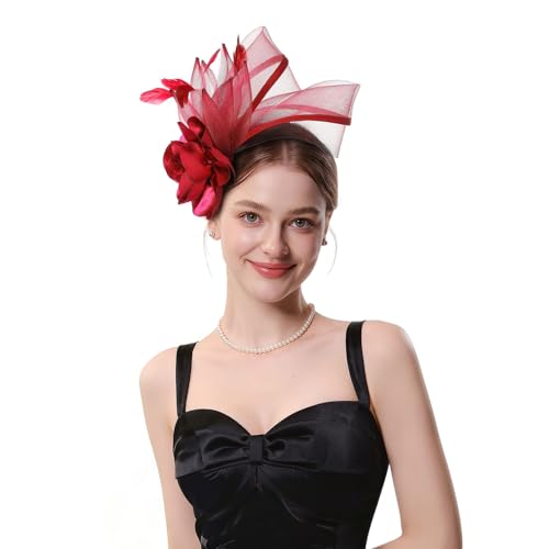 Comott Fascinators Hats for Women - Tea Party Hats Fascinator Kentucky Tulle Ribbon Derby Headwear for Wedding Cocktail(Wine Red)