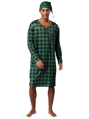 Mens Soft Loose Plaid Pajamas V Neck Nightshirt Sleepshirts with Sleeping Cap Pajama Set4