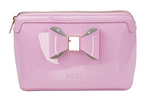Meli Faux Leather Cosmetic Bag  Pink Makeup Bag for Women  20 x 14 x 7cm Cosmetic Pouch  Faux Leather Black Makeup Bag with Inside Pocket  Premium Stitching and Zipper  Water Resistant Design (Pink)