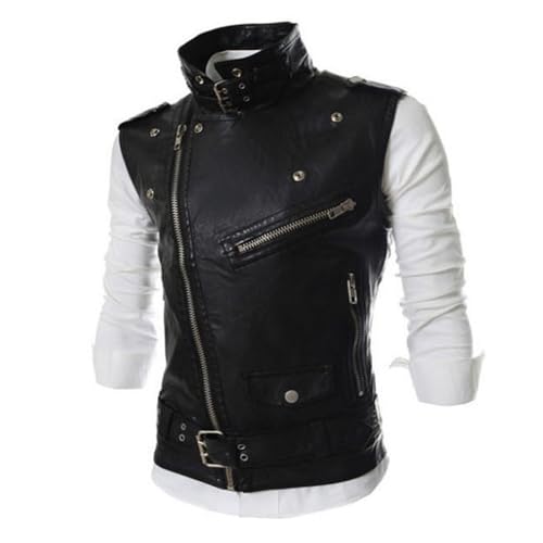 Maiyifu-GJ Men's Faux Leather Biker Sleeveless Jacket Vintage Asymmetric Zip Motorcycle Vest PU Lightweight Punk Belted Coat (Blacka2,Medium)3