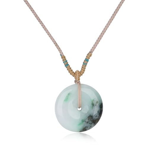 COAI Collier Jadéite de Birmanie, Pendentif Pi Chinois, Collier Cordon Réglable Kaki