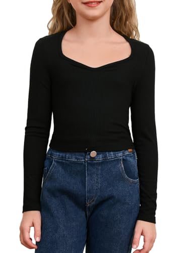 SOLY HUX Girl's Crop Tops Long Sleeve T Shirts Cute Clothes Sweetheart Neck Ribbed Knit Trendy Casual Fitted Tees