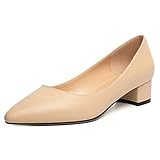MERRORI Women's Casual Solid Pointed Toe Slip On Low Heel 1.5 Inch Chunky Office Leather Pumps Shoes Nude Size 7 - Zapatos de Tacon para Mujer