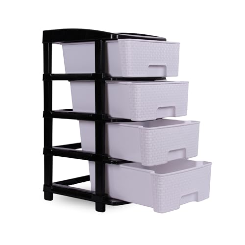 Image of Plastic Modular Drawer Storage Chest Of Drawers Organizer Storage Box, Large Stomo Racks For Multipurpose Anti-slip Shoes Organizers (White & Black, 4 Layer)