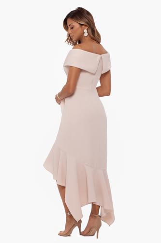 Image of Xscape Women's Sweetheart Neckline Off-Shoulder Crepe Midi Dress with Hanky Hem, Blossom, 14