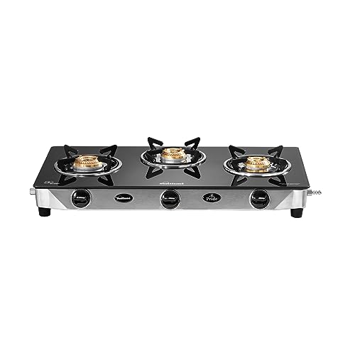 SUNFLAME Pride 3 Burner Open Gas Stove | 2 Small And 1 Medium Brass Burners | 2-Year Product Coverage | Ergonomic Knobs | Easy To Maintain L Toughened Glass Top | PAN India Presence