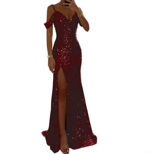 Vestido largo con cuello halter y lentejuelas para mujer, con abertura lateral, cuello en V, sin mangas, vestido de fiesta de noche para mujer, vestido elegante casual, S XL (XL rojo)