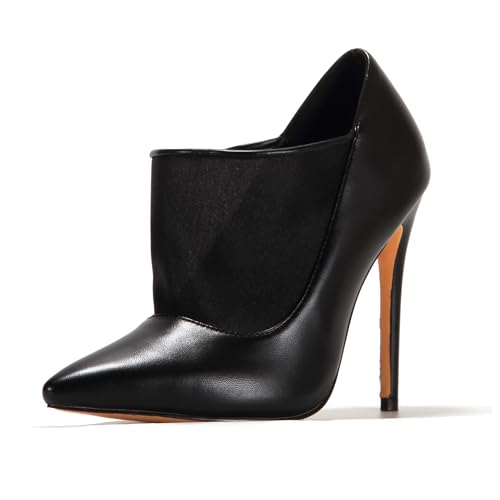 Women Vintage Mesh Pointed Toe Pull on Pumps Stiletto High Heel Elastic Vegan Leather Shoes